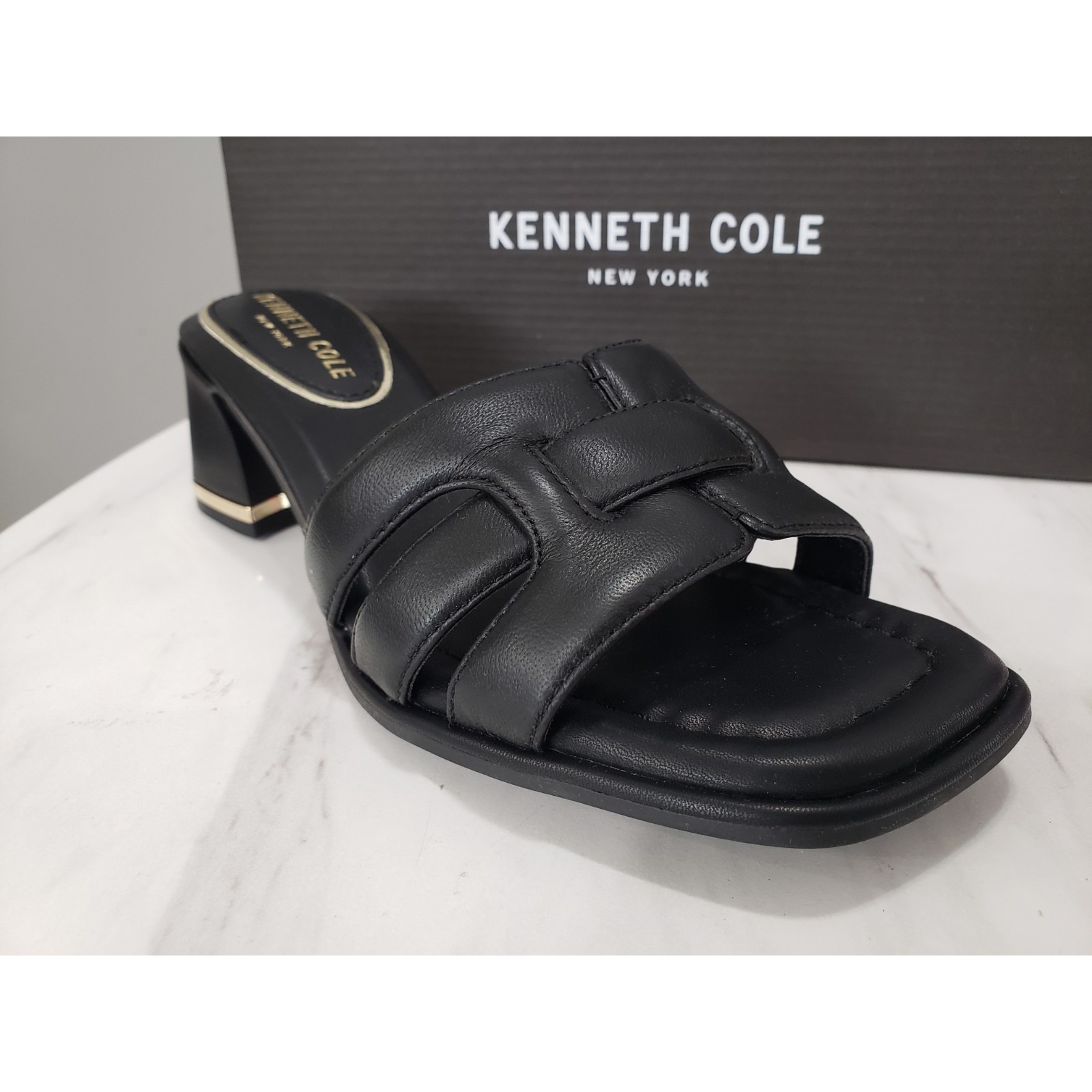 New Kenneth Cole Black Gold Harper Woven Strap Slip-On Block Heel Sandals 6.5